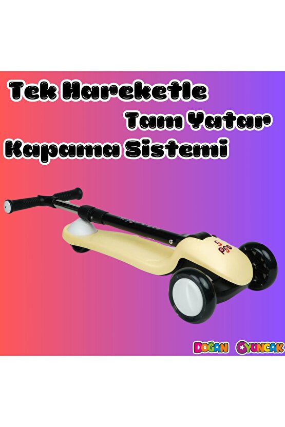 Lupa Katlanabilir Işıklı 3 Tekerlekli Sarı Scooter - Işıklı Scooter - Slikon Teker Scooter - Çocuk S