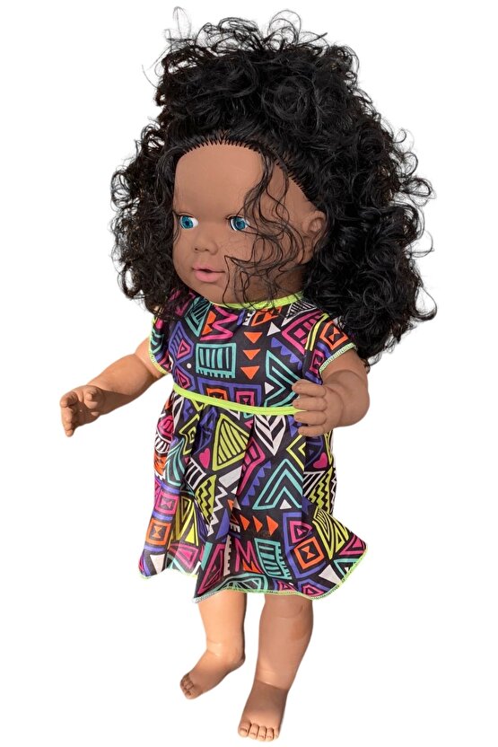 Oynar Gözlü Türkçe Konuşan Siyahi Nazlı Saçlı Et Bebek 60 Cm. - Konuşabilen Bebek - Saçlı Büyük Bebe