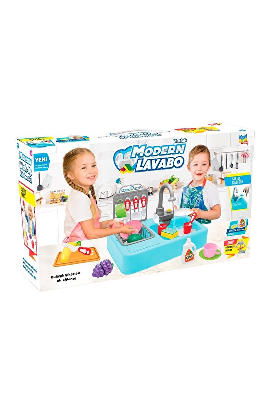 Su Akıtan Modern Mutfak Seti - Çeşmeli Işıklı ve Sesli Lavabo - Mutfak Seti - Su Akan Musluk - Mavi