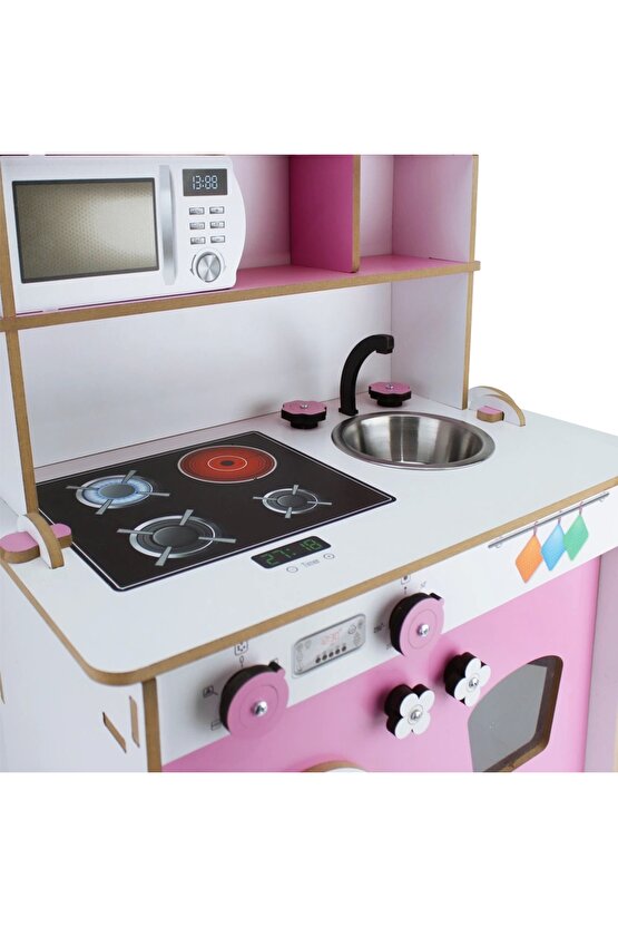 Pratik Hamarat Ahşap Mutfak - Ahşap Çocuk Mutfağı - Mutfak Seti - Kapaklı Mutfak - Pembe