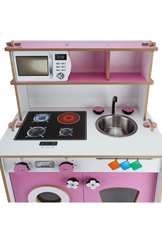 Pratik Hamarat Ahşap Mutfak - Ahşap Çocuk Mutfağı - Mutfak Seti - Kapaklı Mutfak - Pembe