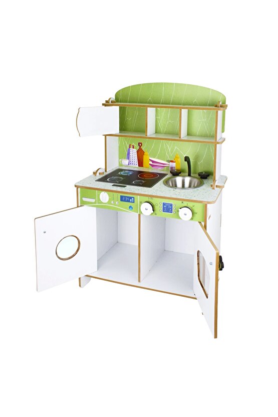 Delüx Hamarat Ahşap Mutfak - Ahşap Çocuk Mutfağı - Mutfak Seti - Kapaklı Mutfak