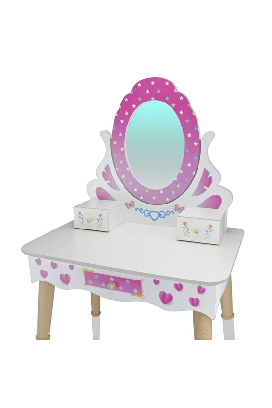 Ahşap Oturaklı Güzellik Masası - Makyaj Seti - Ahşap Güzellik Seti - Makyaj Masası