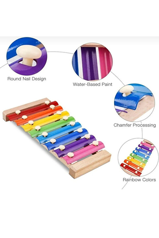 MARAKAS Hediyeli Büyük Boy Ahşap Ksilofon 8 Nota 8 Ton 25 cm 8 Tuşlu Sesli Selefon