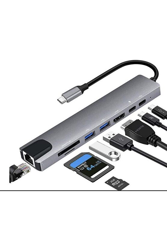 MacBook Pro Air Uyumlu USB Type-C 8in1 Hub Dönüştürücü Çoklayıcı HDMI USB Micro SD Girişli