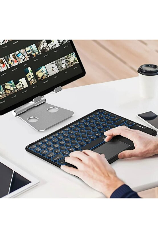 Huawei MatePad 10.4 Uyumlu Şarjlı Touchpadli Yuvarlak Tuş RGB Bluetooth Klavye
