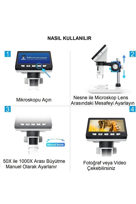 1000x Dijital 1080p 4.3 Inç Lcd Ekranlı Usb Hd Mikroskop