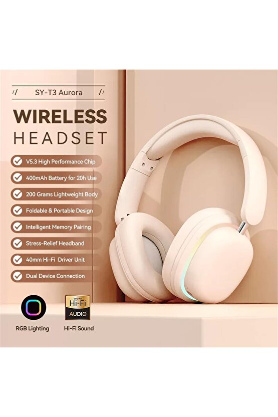 BLUETOOTH 5.3 KULAKLIK RGB LED IŞIKLI ÇIKARILABİLİR MİKROFONLU OYUN MÜZİK FİLM İÇİN ŞARJLI KULAKLIK