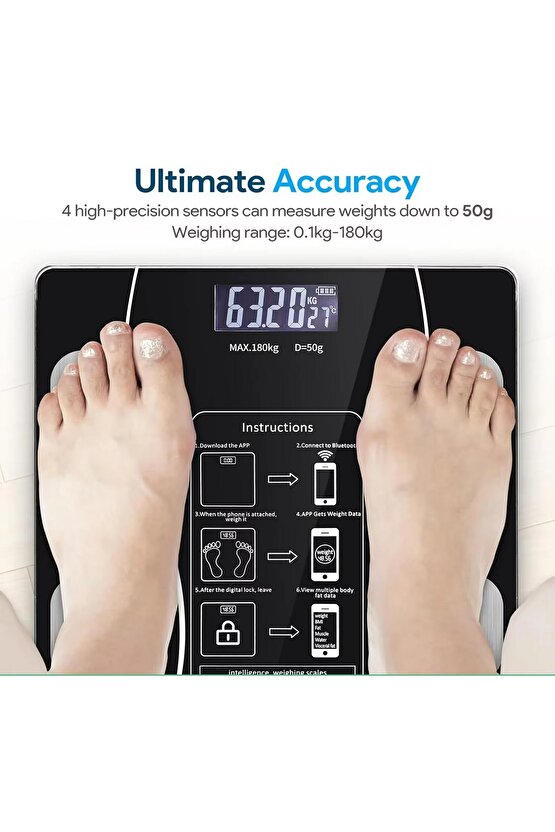Dijital Baskül Yağ Su Kas Vücut Kitle Endeksi Kilo Ölçer Tartı Bluetooth lu
