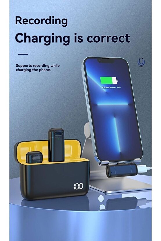 TYPE C KABLOSUZ ÇİFTLİ YAKA MİKROFONU VİDEO SES KAYIT İOS ANDROİD UYUMLU ŞARJ KUTULU MİKROFON