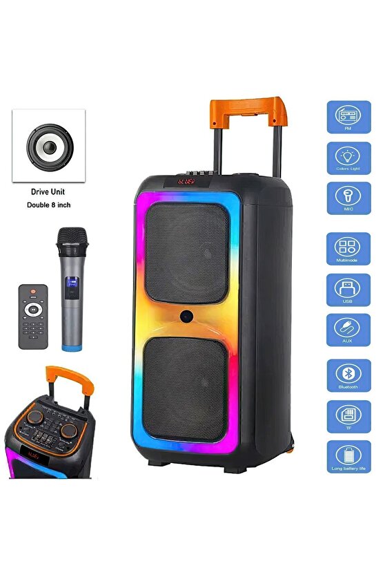 Siyah Ultra Güçlü Kaliteli Profosyonel Bt Hoparlör-(TAŞINABİLİR ANTASTİK RENKLİ IŞIKLI)