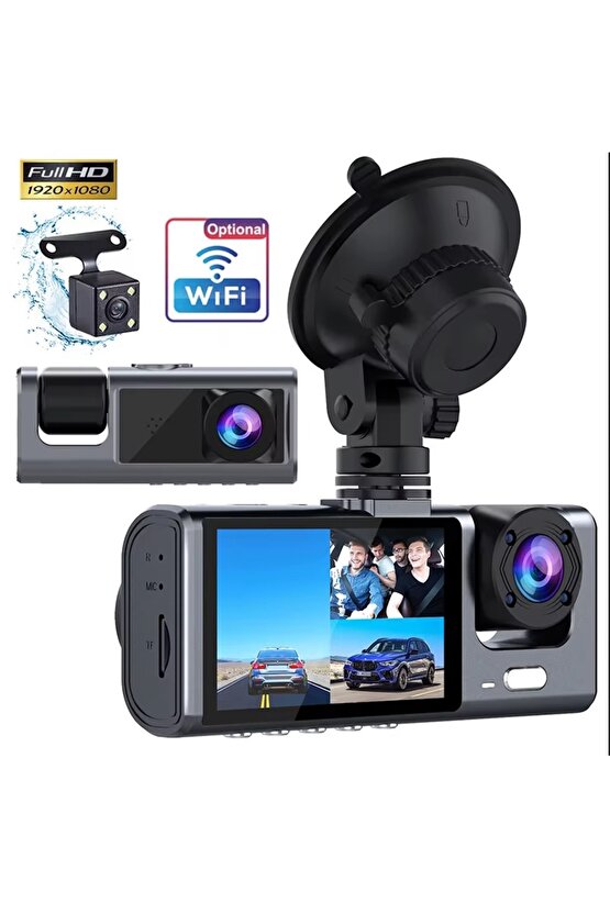 WİFİ Lİ 3 KAMERALI ARAÇ İÇİ KAMERA KAYIT CİHAZI 3 LENS CARDVR DASH CAM ÖN İÇ VE GERİ GÖRÜŞ KAMERASI