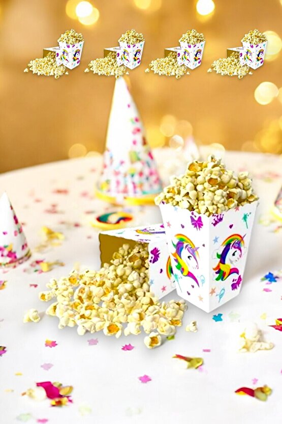 Unicorn Temalı 8 Adet Mısır Kutusu - Doğum Günü ve Parti İkramları İçin