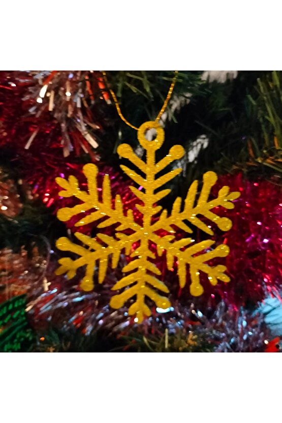 8x8 Cm Sarı 12 Li Kar Tanesi Figürlü Sarı Renkli Yılbaşı Ağacı Ve Hediye Süsü Model1