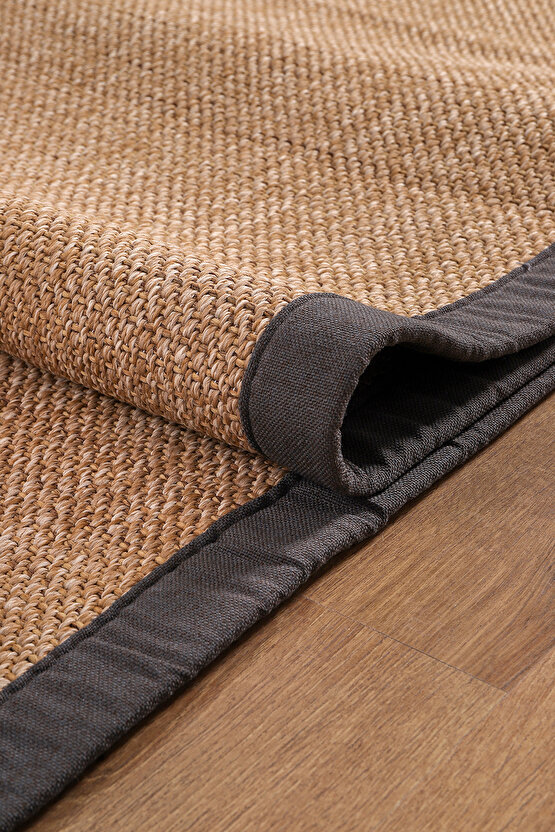 0604-Antrasit Kumaş Bordür Sisal Jut Halı Kilim Hav Toz Vermez Kolay Temizlenen Hasır Kilim