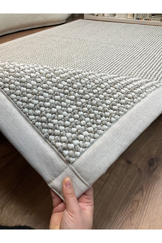 Kumaş Bordür Gri Bukle Krem Bordür  Halı Salon Koridor Mutfak Çocuk Odası Halısı  Kilim S269
