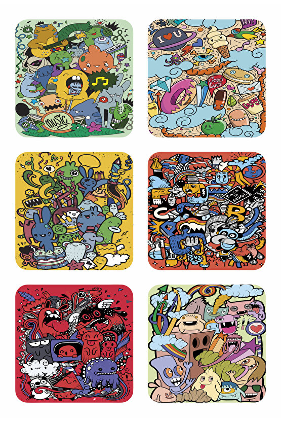 renkli karalama sanatı eğlenceli pop art çizimler 6lı ahşap bardak altlığı seti