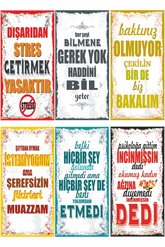 Psikoloğa Gittim Incinmişsin Dedi Duvar Yazıları 6lı Mini Retro Ahşap Poster Seti