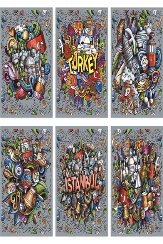 Istanbul Türkiye El Çizimi 6lı Mini Retro Ahşap Poster Seti Uv Baskılı