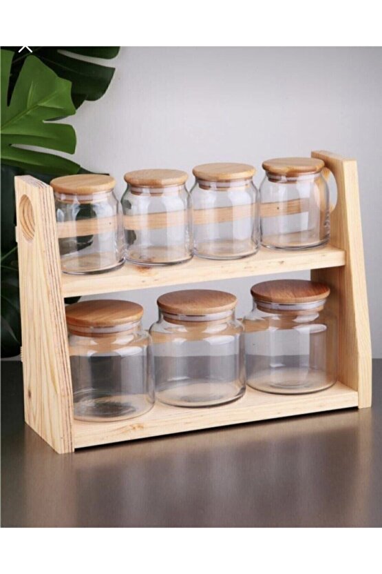 Gönül Collection - Baharat Takımı Cam 7 Li Ahşap Standlı
