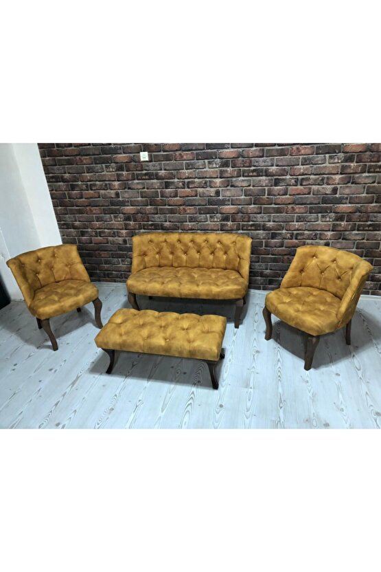 Sarı Koltuk Takımı Çay Seti 2+1+1 Koltuk Ve Bench Banklı Koltuk Takımı