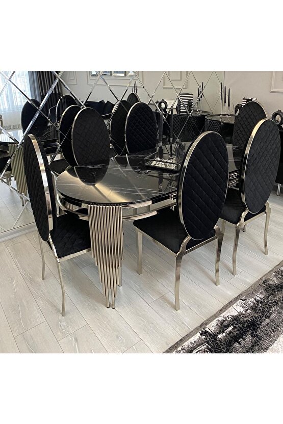 Lazer Kesim Sandalye Piyano Masa Ultra Lüx Yemek Masası Takımı Kaplama Paslanmaz Metal