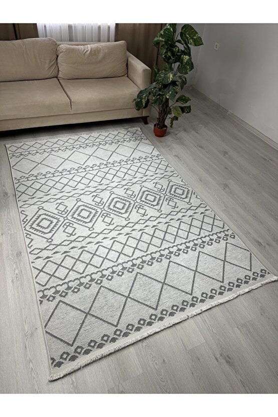 Modern İskandinav Desenli Yıkanabilir Kaymaz Dokuma Taban Şönil Halı Açık Gri