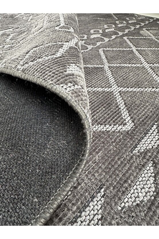 Modern İskandinav Desenli Yıkanabilir Kaymaz Dokuma Taban Şönil Halı Antrasit