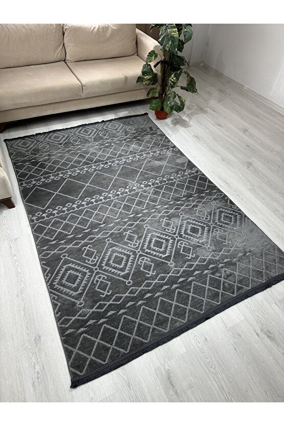 Modern İskandinav Desenli Yıkanabilir Kaymaz Dokuma Taban Şönil Halı Antrasit