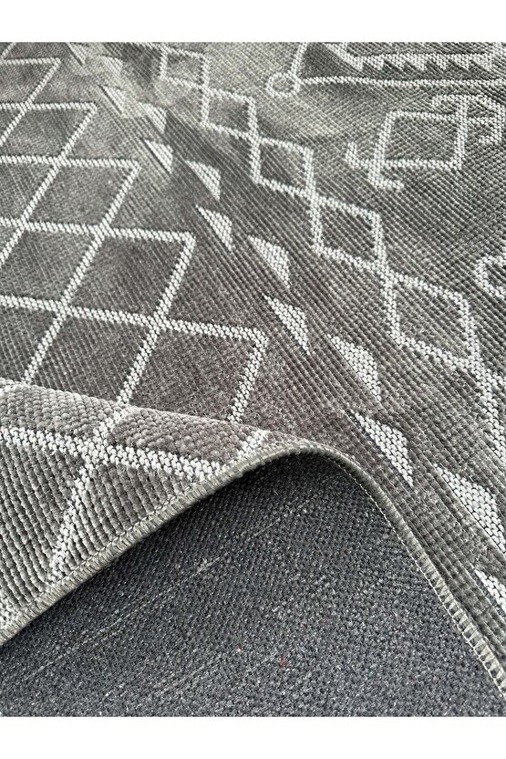 Modern İskandinav Desenli Yıkanabilir Kaymaz Dokuma Taban Şönil Halı Antrasit