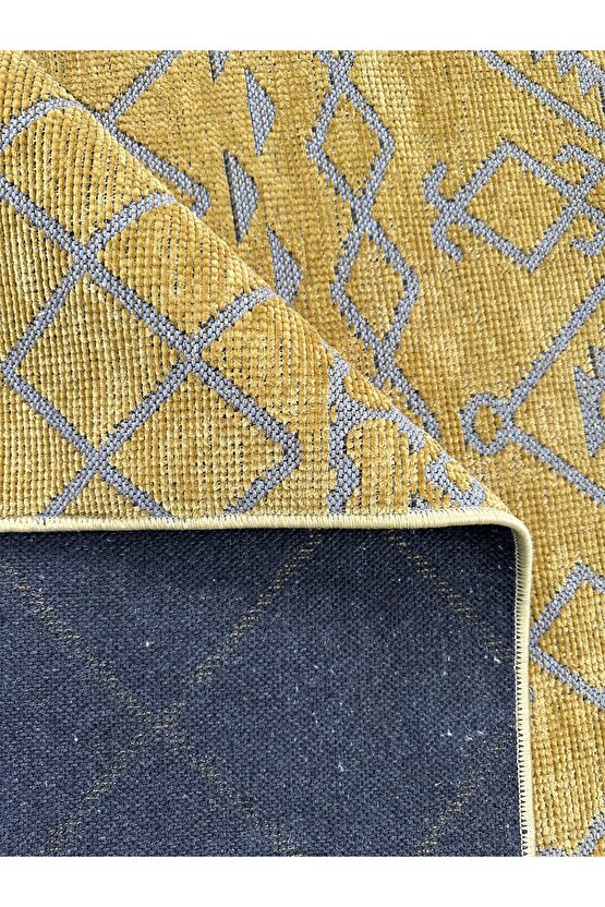 Modern İskandinav Desenli Yıkanabilir Kaymaz Dokuma Taban Şönil Halı Hardal