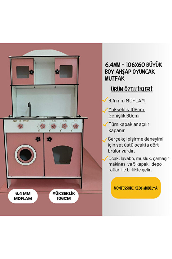 Büyük Boy Ahşap Oyuncak Mutfak Seti, 6.4mm 106x60cm, Montessori Mutfak, Çamaşır Makinalı