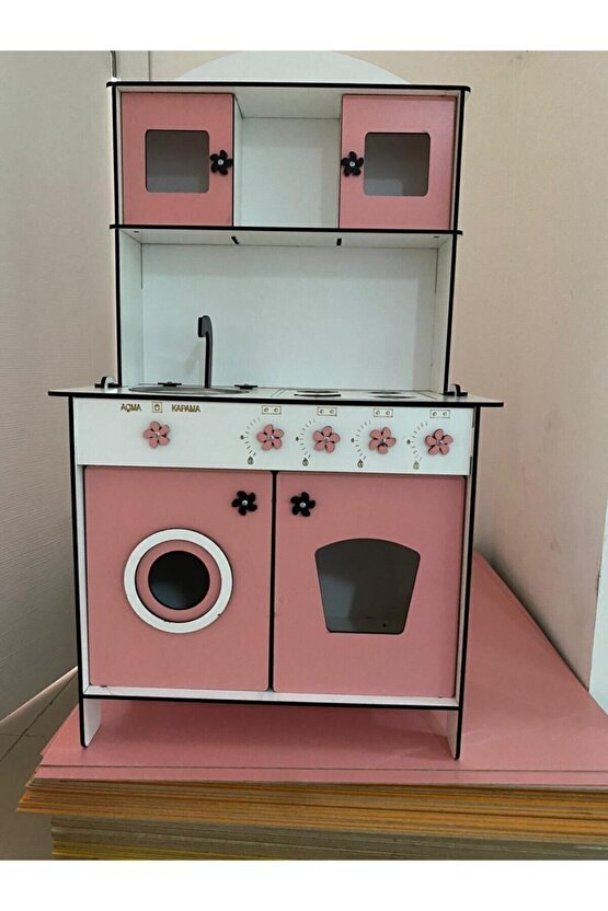 Büyük Boy Ahşap Oyuncak Mutfak Seti, 6.4mm 106x60cm, Montessori Mutfak, Çamaşır Makinalı