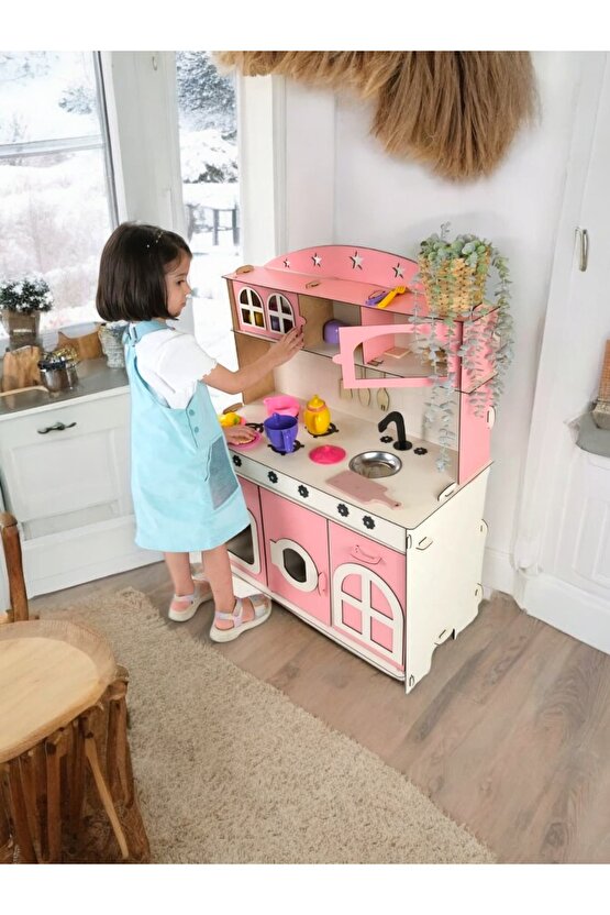 Oyuncak Mutfak, 3mm Büyük Boy Pembe Ahşap Oyuncak Mutfak, Mutfak Seti Oyuncak