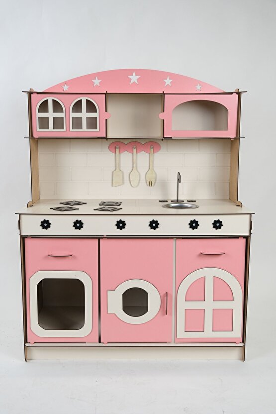 Oyuncak Mutfak, 3mm Büyük Boy Pembe Ahşap Oyuncak Mutfak, Mutfak Seti Oyuncak