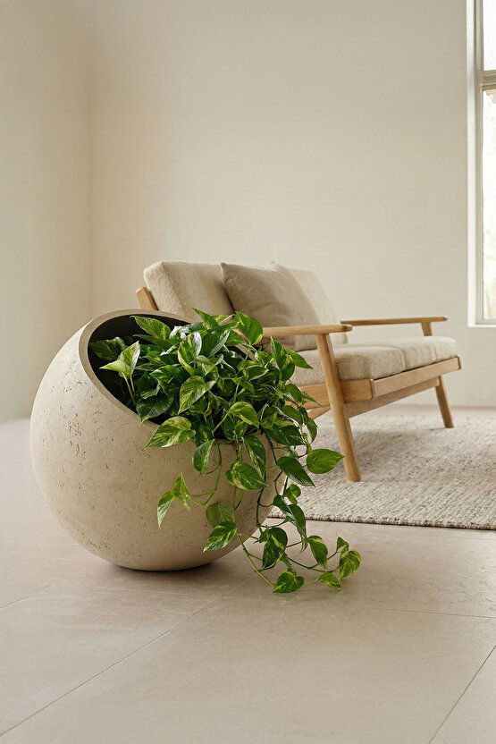 Petra Obliq Eğik Küre Hafif Beton Saksı 30x30cm Doğal Taş Dokulu İç-Dış Mekan