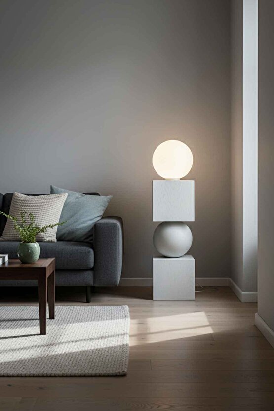 Sphere Masif Ahşap & Küre Lambader - 80cm (BeyazSiyah Mat)