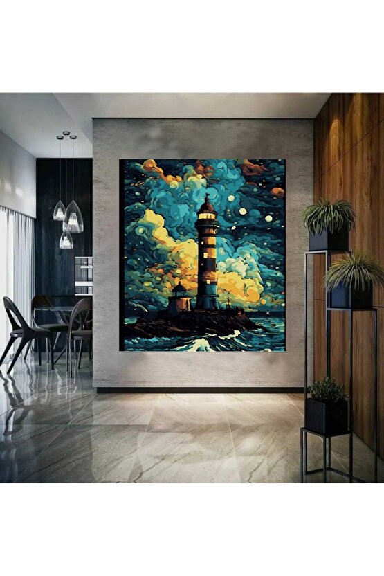 Sayılarla Boyama Kasnaklı Tablo Seti Fırça Boya Dahil 40x50 RENKLİ DENİZ FENERİ