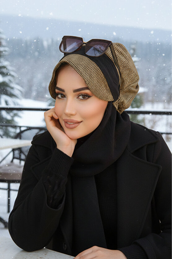 Hardal Siyah Kare Desen Tesettür Şapka