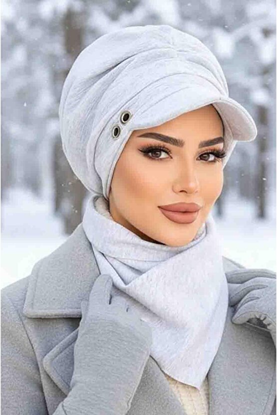 Eşofman Gri Metal Detaylı Büzgülü Tesettür Şapka Ve Etol Takım