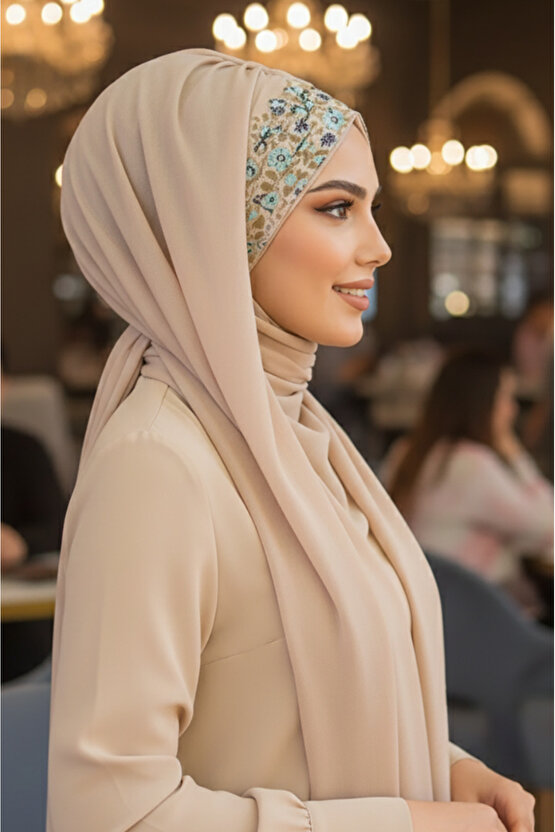 Bej Çiçek Desen Hazır Şal