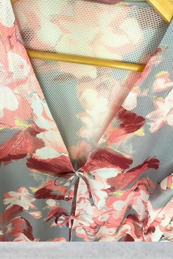 Gri Pudra Çiçekli Önü Bağlamalı Kimono Tunik  Likralı Yazlık Kumaş 85 cm Boy