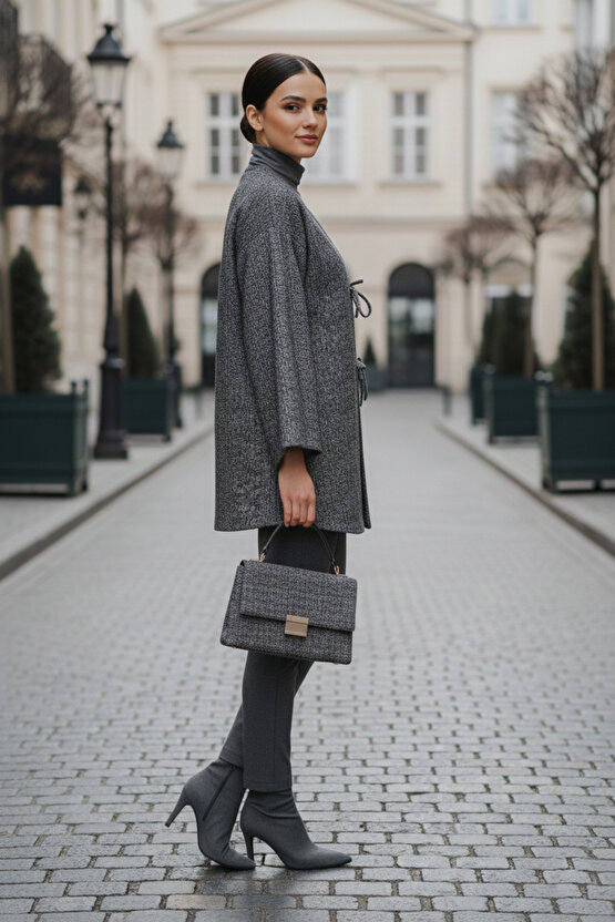 Antrasit Kırçıllı Önü Bağlamalı Kimono Tunik  Likralı Ütü İstemez Kumaş