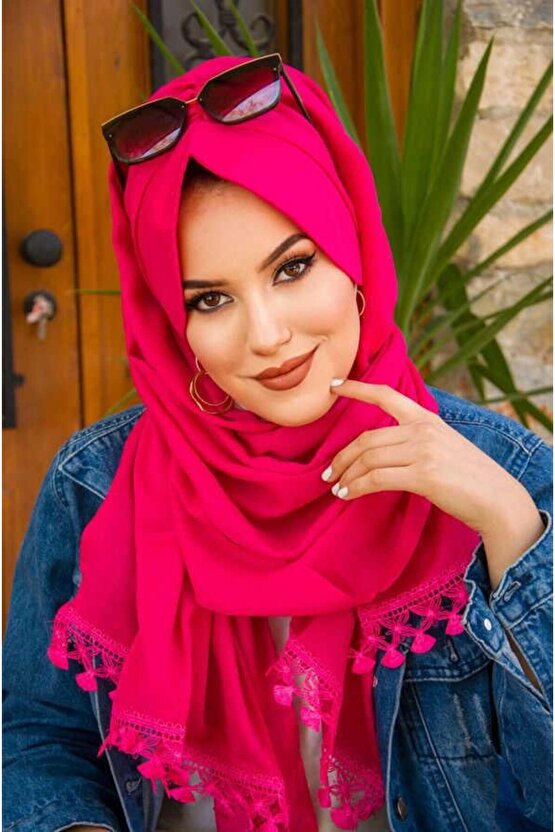 Fuşya Dantelli Şapka Şal