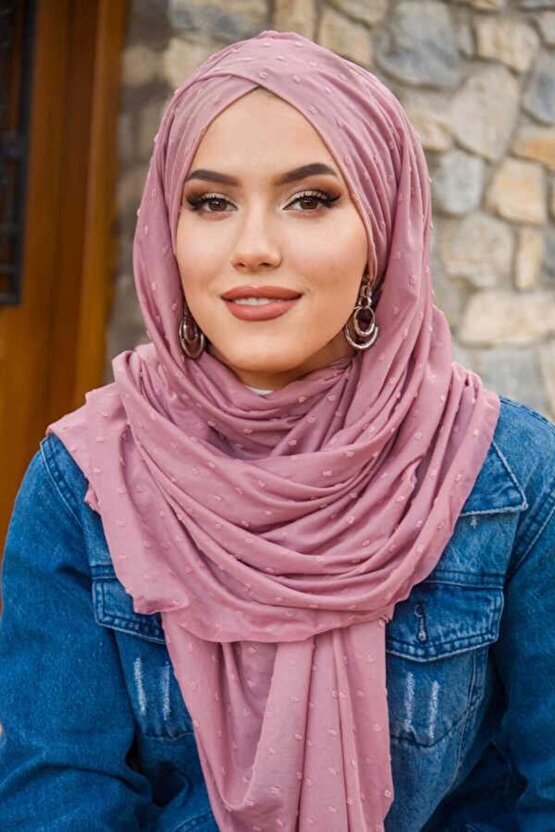 Pudra Ponpon Çapraz Bantlı Hazır Şal