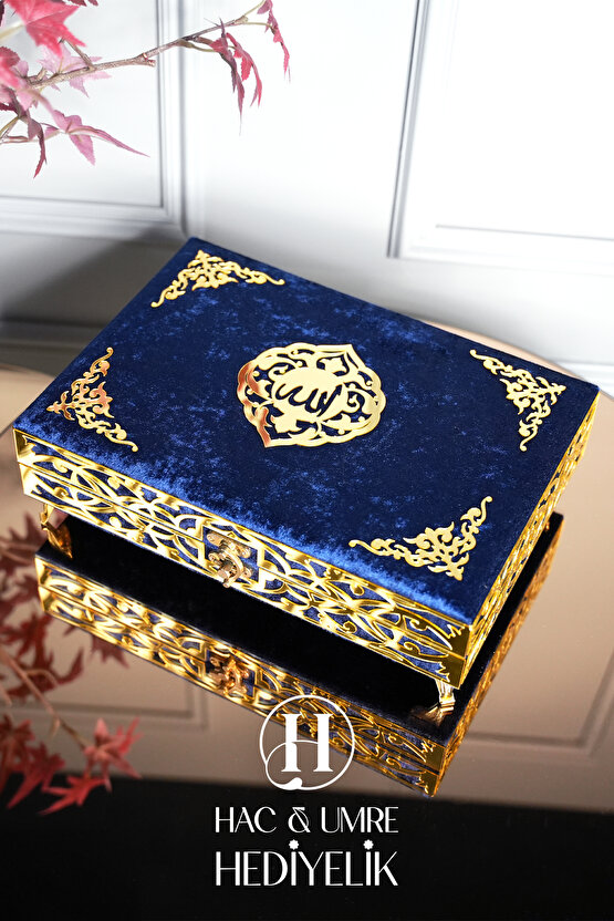 Hediyelik Kuranı Kerim | Kuran Hediyesi | Lüks Ahşap Kutu, Kadife Kuran, Şal ve İnci Tesbih Seti