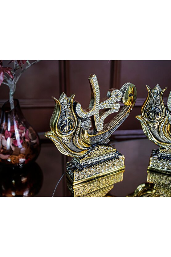 Gold Biblo Lüks Hediyelik Aksesuar Altın Kaplama Dini Islami Dekoratif Figür Vav Allah Muhammed Süs