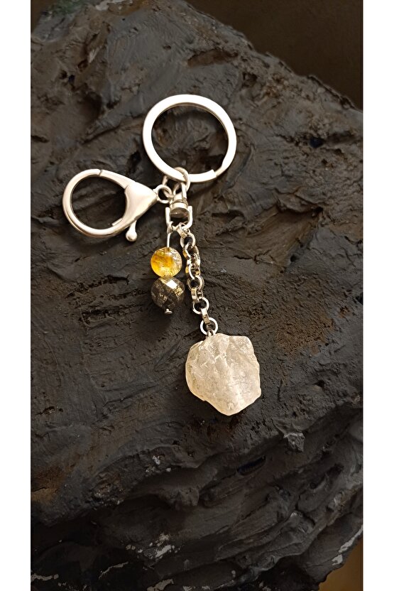 Doğal Taş Anahtarlık Kristal Kuvars Sitrin Pirit Para Bereket Koruma 8mm 2 cmm çelik zincir