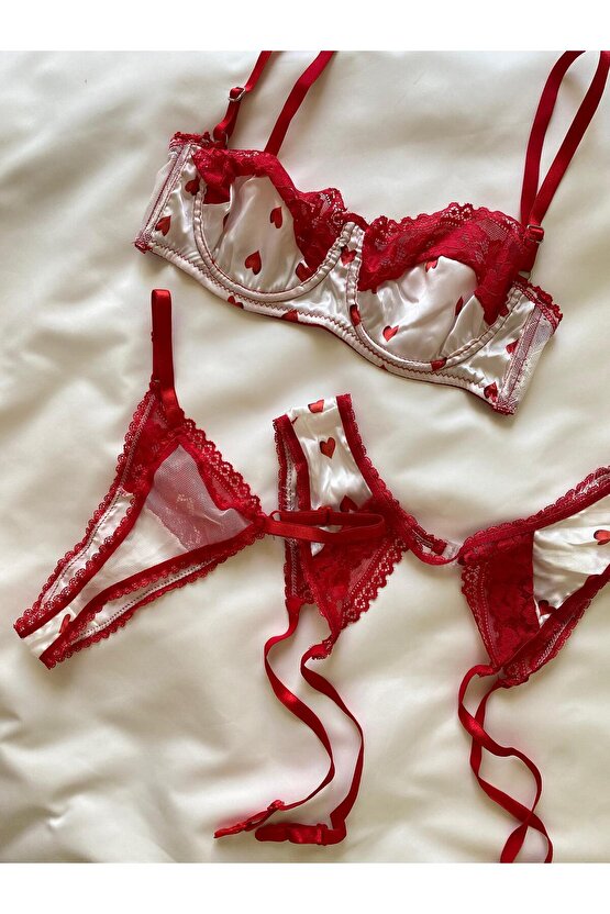 Kalp Desenli Dantel Jartiyer takımı