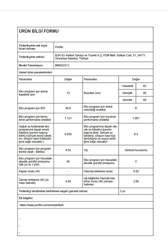 BMS623V1 6 Programlı Bulaşık Makinesi